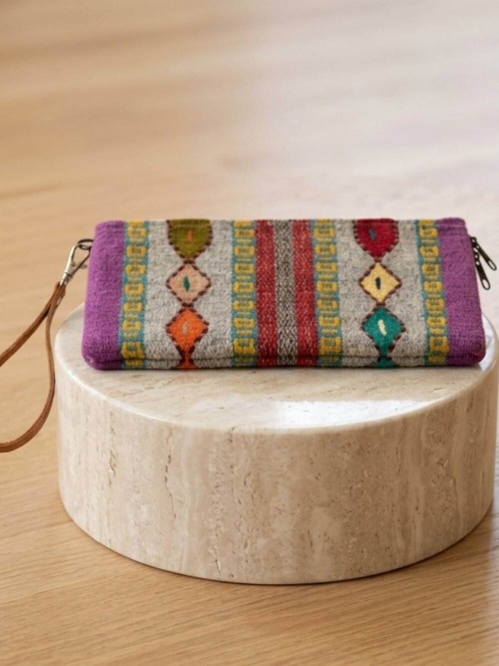 Boho Hand Woven Tapestry Wristlet With Leather Pull